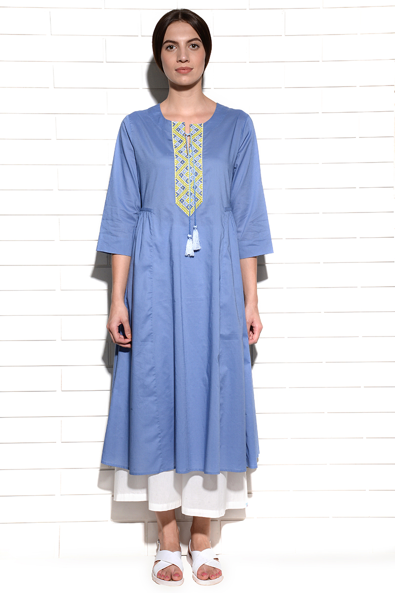 Blueberry Crush Tunic Kurta with embroidery at neck and tassles